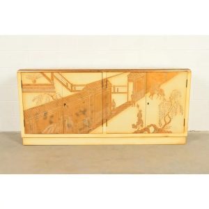 Baker Furniture Style Hollywood Regency Chinoiserie Hand-Painted Cream Lacquered Sideboard Credenza, Circa 1970s