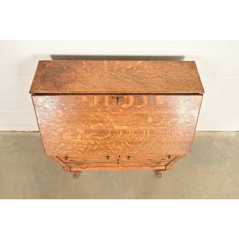 Berkey & Gay Style Antique Victorian Tiger Oak Slant Front Secretary Desk, Circa 1900 - Image 11