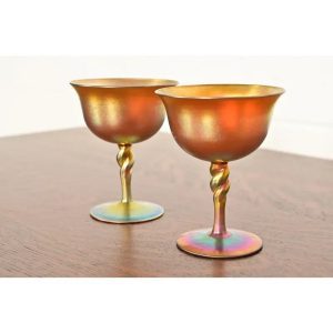 Early 20th Century Steuben Aurene Iridescent Art Glass Goblets - a Pair