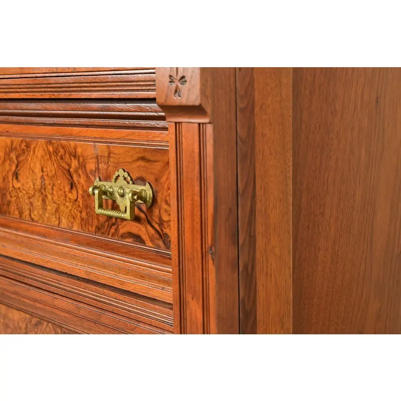 Herter Brothers Style Antique Eastlake Victorian Carved Walnut and Burl Wood Highboy Dresser, Circa 1880s - Image 11