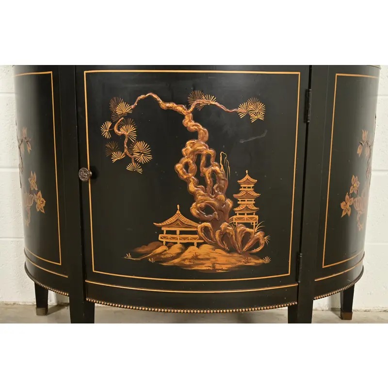 Imperial Furniture Grand Rapids French Regency Chinoiserie Black Lacquered Hand Painted Demilune Cabinet, Circa 1940s - Image 11