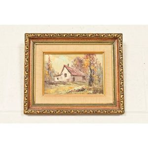 Original Artist Signed Impressionist Rural Landscape Oil on Canvas Painting of Cottage in Carved Giltwood Frame