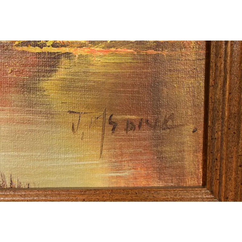 Original Artist Signed Oil Painting on Canvas Rural Landscape of "Covered Bridge" in Carved Walnut and Woven Rattan Frame - Image 11