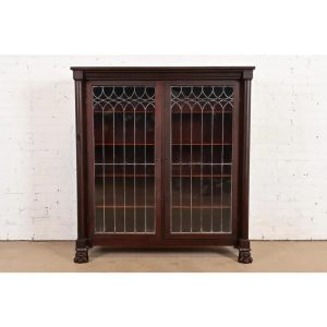 R. J. Horner Style Antique American Empire Carved Mahogany Leaded Glass Front Double Bookcase Cabinet, Circa 1890s