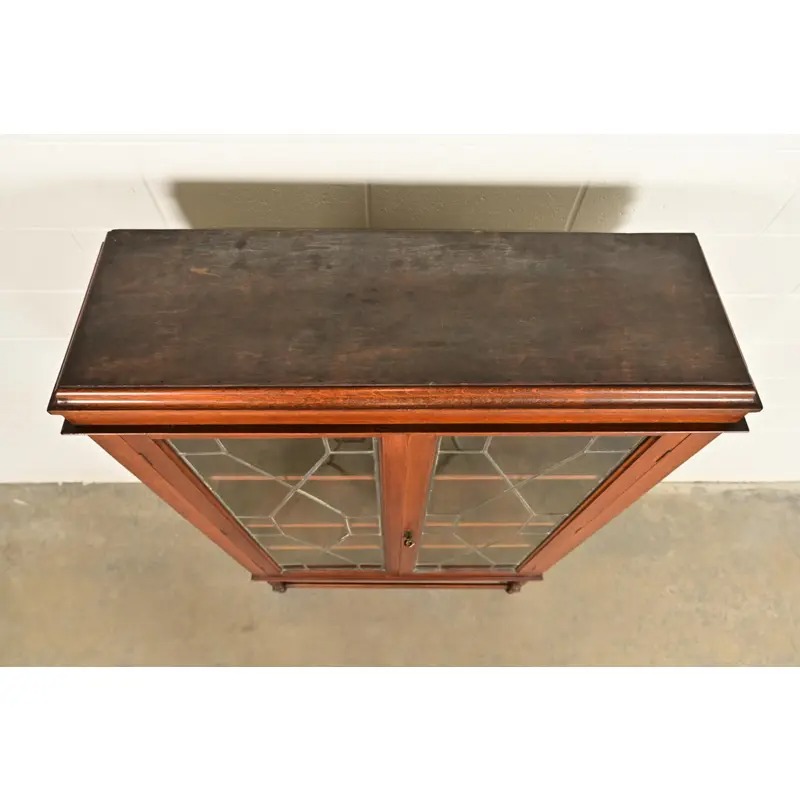 Stickley Brothers Style Antique Arts & Crafts Carved Oak Bookcase Cabinet With Leaded Glass Doors, Circa 1900 - Image 11