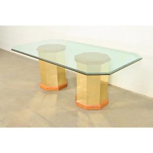 Thomasville Modern Art Deco Brass and Glass Double Pedestal Dining Table, Circa 1980s