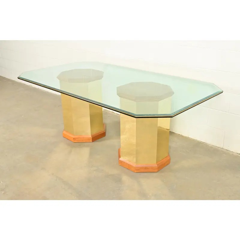 Thomasville Modern Art Deco Brass and Glass Double Pedestal Dining Table, Circa 1980s