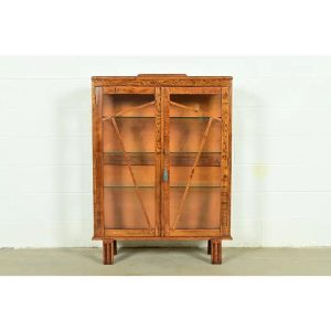 Antique English Art Deco Carved Oak Bookcase or Display Cabinet, Circa 1920s
