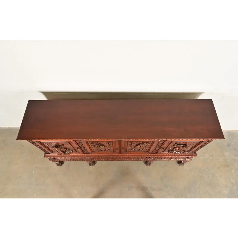 Antique Spanish Renaissance Revival Monumental Ornate Carved Walnut Sideboard or Bar Cabinet - Image 12