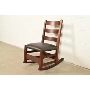 Gustav Stickley Antique Mission Oak Arts & Crafts Ladder Back Rocking Chair, Circa 1910