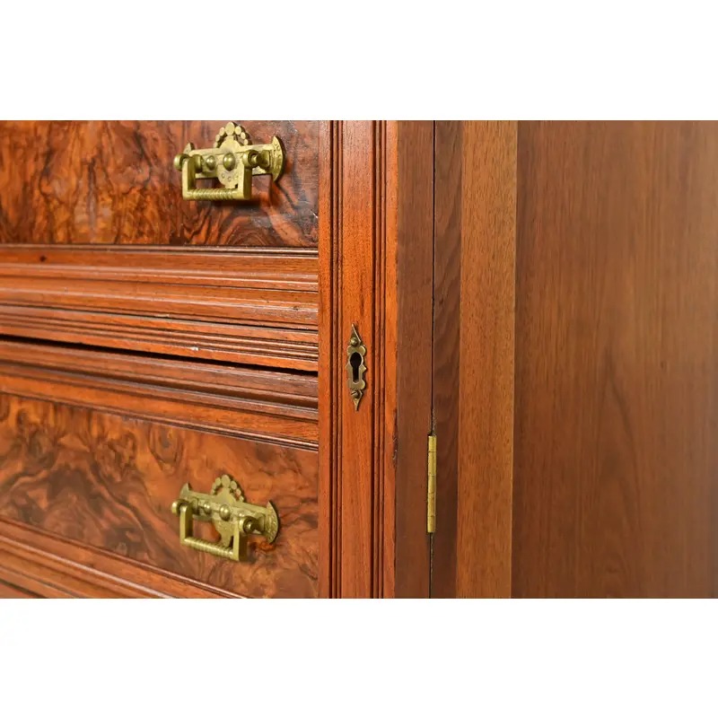 Herter Brothers Style Antique Eastlake Victorian Carved Walnut and Burl Wood Highboy Dresser, Circa 1880s - Image 12