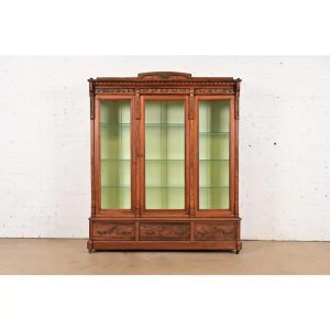 Herter Brothers Style Antique Eastlake Victorian Carved Walnut Triple Bookcase or Display Cabinet, Circa 1880s
