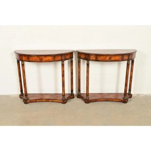 Maitland Smith Style French Empire Burl Wood and Gold Gilt Demilune Console Tables, Pair