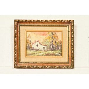 Original Artist Signed Impressionist Rural Landscape Oil on Canvas Painting of Cottage in Carved Giltwood Frame