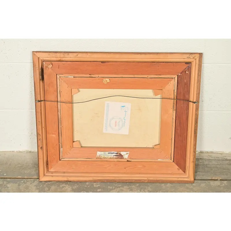 Original Artist Signed Oil Painting on Canvas Rural Landscape of "Covered Bridge" in Carved Walnut and Woven Rattan Frame - Image 12