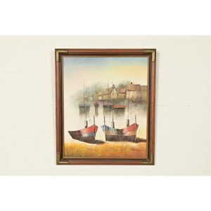 Original Artist Signed ‘Seaside Harbor’ Acrylic Painting in Carved Walnut and Brass Frame