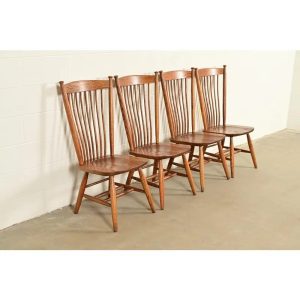 Stickley Style American Colonial Solid Oak Spindle Back Windsor Dining Chairs, Set of Four