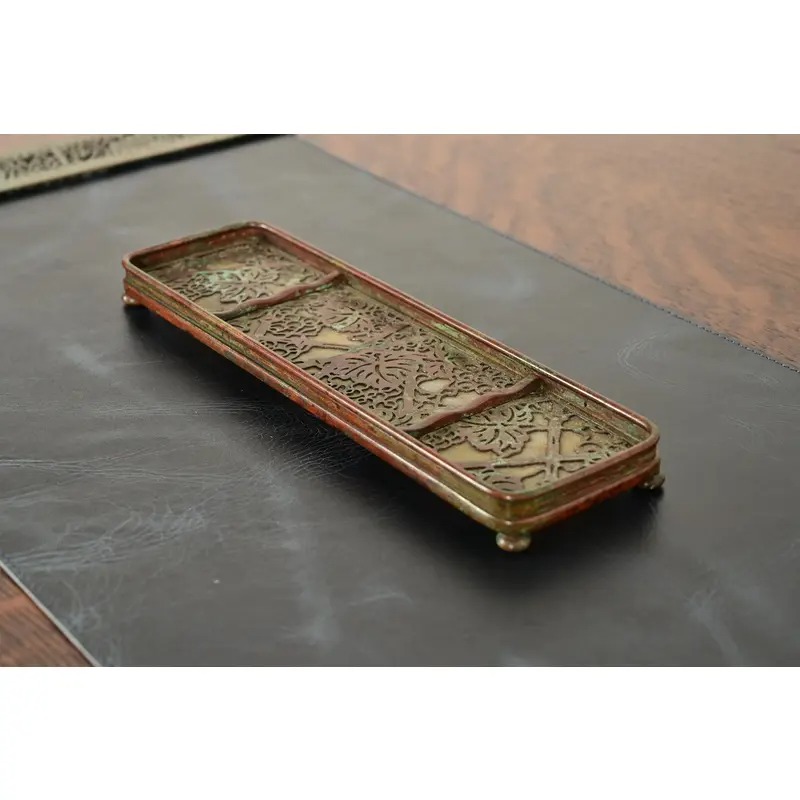 Tiffany Studios New York Grapevine Pattern Bronze and Favrile Slag Glass Pen Tray