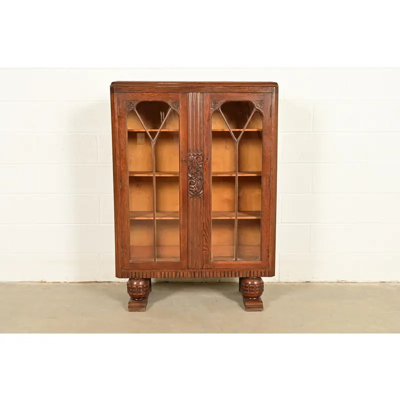 Antique English Art Deco Carved Oak Bookcase or Display Cabinet, Circa 1930s