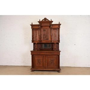 Antique French Renaissance Monumental Ornate Carved Oak Sideboard or Bar Cabinet, Circa 1890s