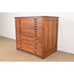 Antique Oak 12-Drawer Architect's Blueprint Flat File Cabinet by Hamilton, Circa 1900