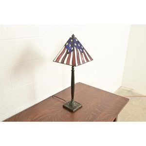Arts & Crafts Table Lamp With American Flag Stained Glass Shade