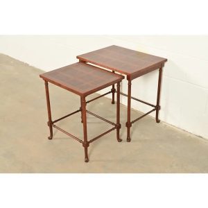 Baker Furniture English Regency Walnut and Burl Wood Parquet Top Nesting Tables, Pair
