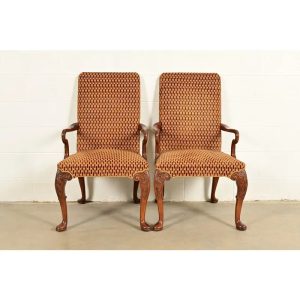 Baker Furniture Stately Homes Georgian Carved Mahogany Open Arm Library Chairs, Pair