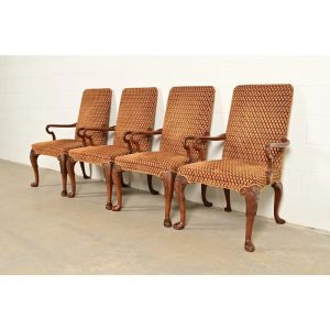 Baker Furniture Stately Homes Georgian Carved Mahogany Open Arm Library Chairs, Set of Four