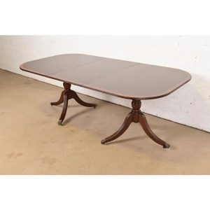 Baker Furniture Style Georgian Banded Mahogany Double Pedestal Extension Dining Table, Newly Refinished