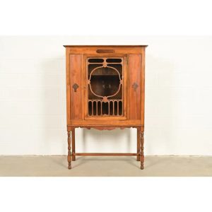 Berkey & Gay Style Antique English Jacobean Carved Walnut and Burl Wood Bookcase or Bar Cabinet, Circa 1920s