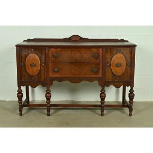 Berkey & Gay Style Antique English Jacobean Carved Walnut and Burl Wood Sideboard, Circa 1920s