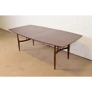 Broyhill Brasilia Style Mid-Century Modern Boat Shaped Walnut Extension Dining Table, Newly Refinished