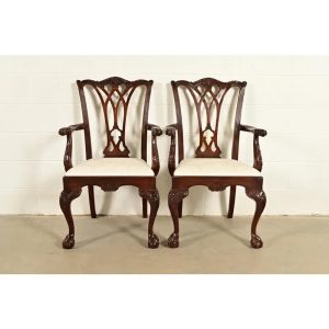 Drexel Heritage Chippendale Carved Mahogany Armchairs, Pair