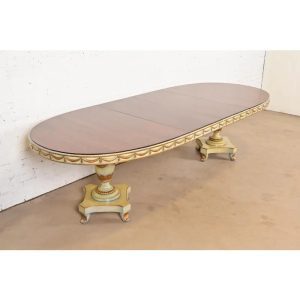 Karges Style Italian Regency or Neoclassical Walnut and Parcel Gilt Double Pedestal Extension Dining Table, Circa 1940s