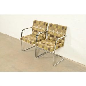 Mies Van Der Rohe Brno Style Mid-Century Modern Chrome Tubular Cantilever Club Chairs, Pair