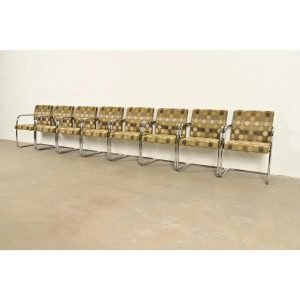 Mies Van Der Rohe Brno Style Mid-Century Modern Chrome Tubular Cantilever Club Chairs, Set of Eight