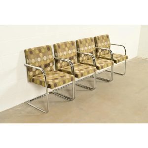Mies Van Der Rohe Brno Style Mid-Century Modern Chrome Tubular Cantilever Club Chairs, Set of Four