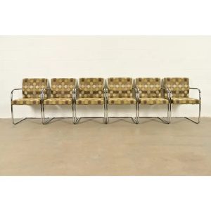 Mies Van Der Rohe Brno Style Mid-Century Modern Chrome Tubular Cantilever Club Chairs, Set of Six