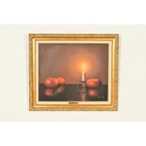 Original Artist Signed Garnelli Still Life Oil Painting on Canvas "Summer Eve Harvest" in Carved Giltwood Frame