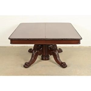 R. J. Horner Antique Victorian Carved Mahogany Split Pedestal Extension Dining Table With Lion Paw Feet, Newly Refinished