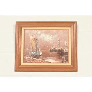 Rikard Lindström Original Signed Oil Painting on Canvas of Ships in Harbor in Carved Wood Frame