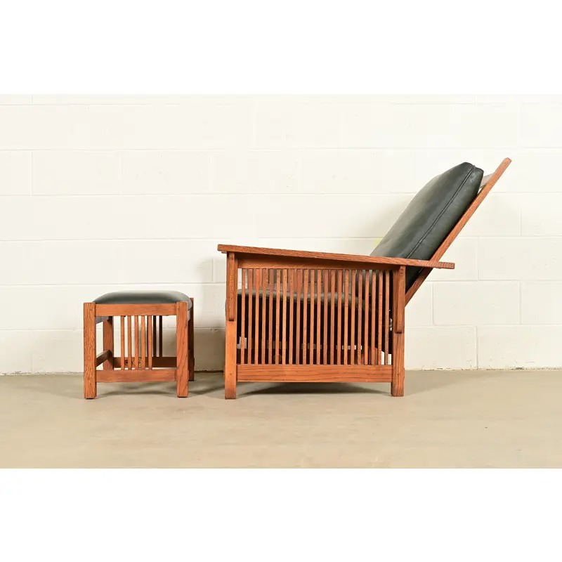 Stickley Mission Oak Arts & Crafts Reclining Morris Lounge Chair With Ottoman - Image 13