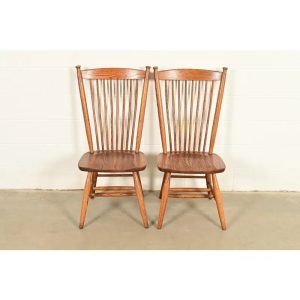 Stickley Style American Colonial Solid Oak Spindle Back Windsor Side Chairs or Dining Chairs, Pair