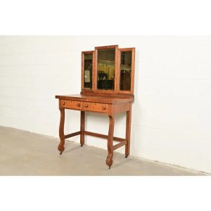 Antique American Empire Tiger Oak Vanity Dressing Table With Mirror, Circa 1900