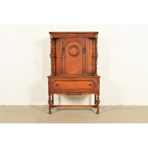 Antique English Jacobean Carved Oak Bar Cabinet, Circa 1920s