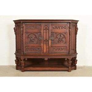 Antique French Gothic Revival Oak Bar Cabinet With Carved Figures, Circa 1890s
