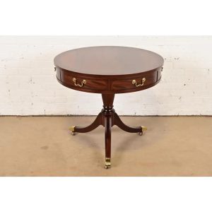 Baker Furniture Georgian Flame Mahogany Pedestal Drum Side Table or Tea Table, Newly Refinished
