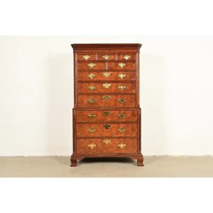 Baker Furniture Historic Charleston Chippendale Carved Mahogany and Burl Wood Eleven-Drawer Highboy Dresser