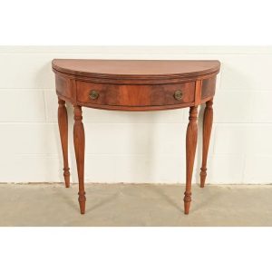 Baker Furniture Style Antique Federal Flame Mahogany Flip Top Demilune Console Game Table, Circa 1920s